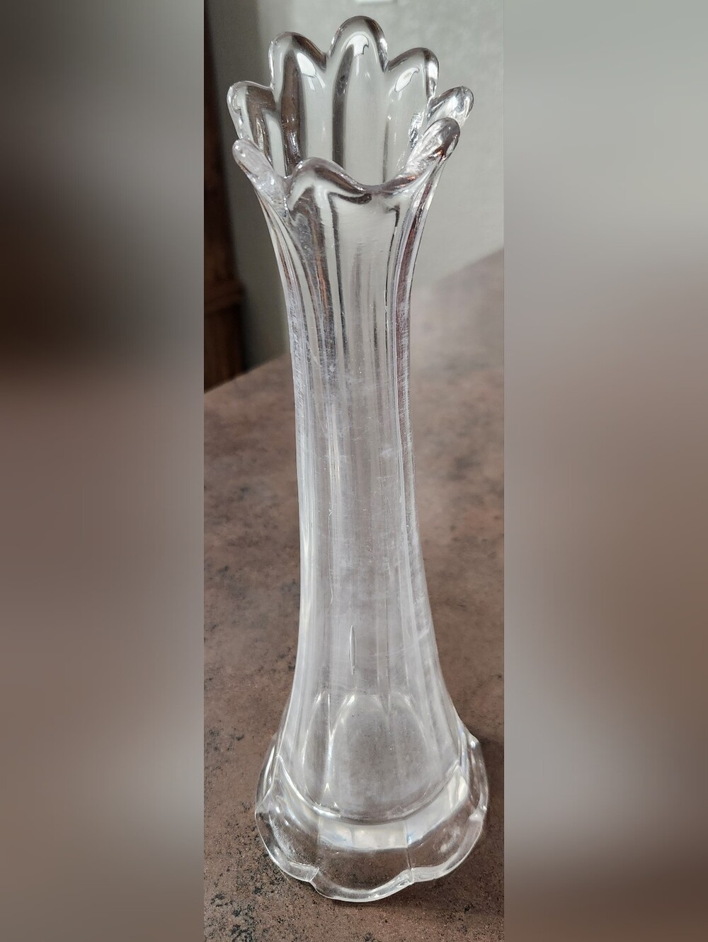 Vintage Clear Ribbed Swung Vase Mid-20th Century Does Have Lime Build-up